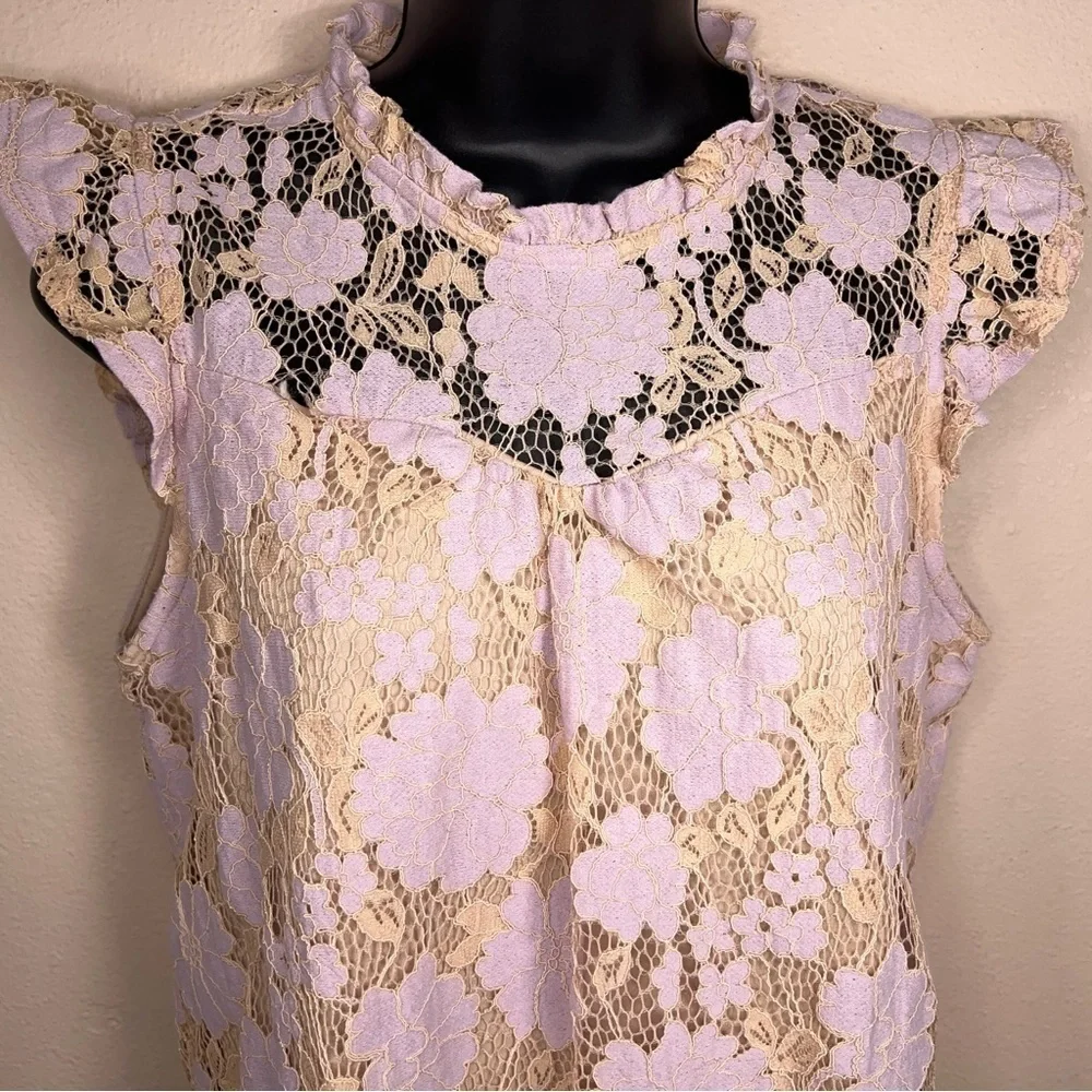 Juniors Medium Monteau Peachy Pink Lavender Floral Lace Blouse Ruffle Lined